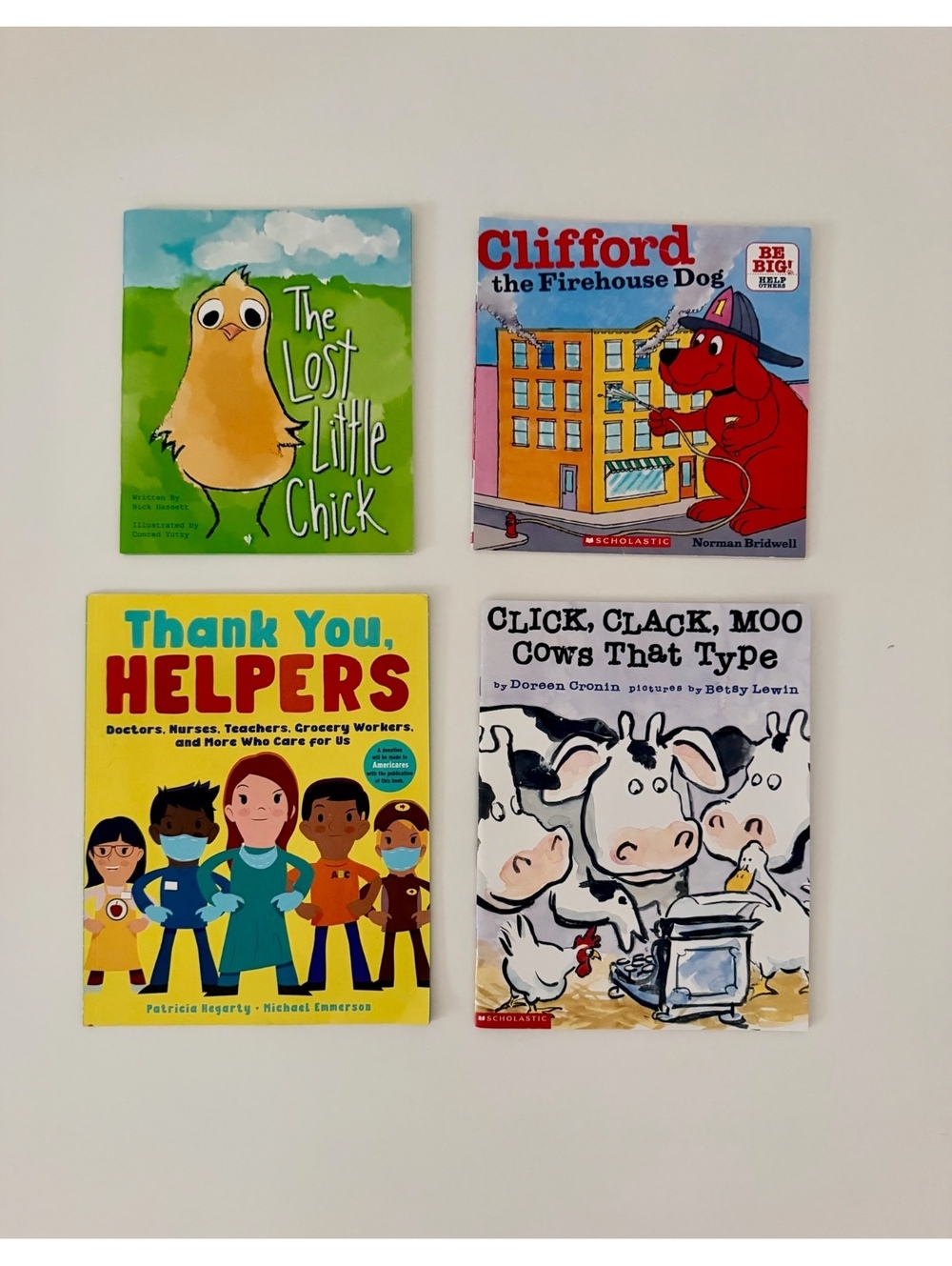 Set of 4 Children's Board Books: The Lost Little Chick, Clifford the Firehouse,
